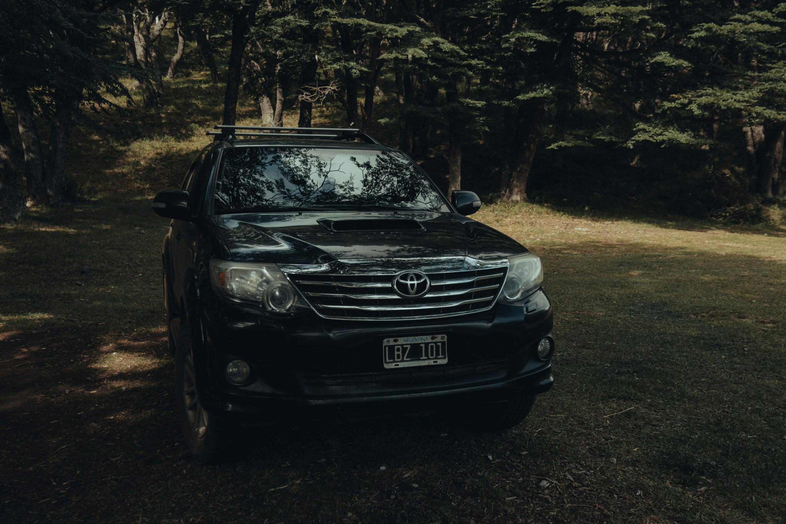 Black Toyota SUV parked among trees in a forest setting with filtered sunlight.